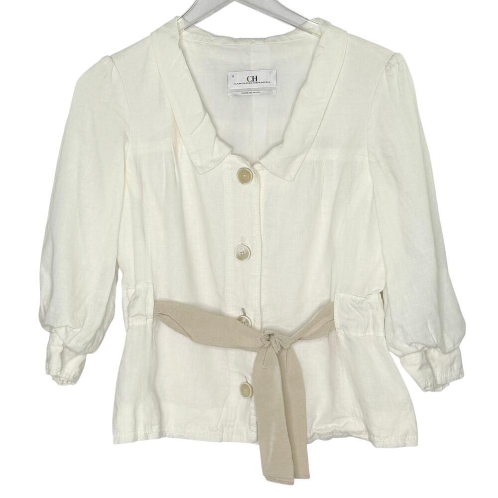 Carolina Herrera Vintage Linen Lightweight Jacket Top S Ivory Tie Front Summer